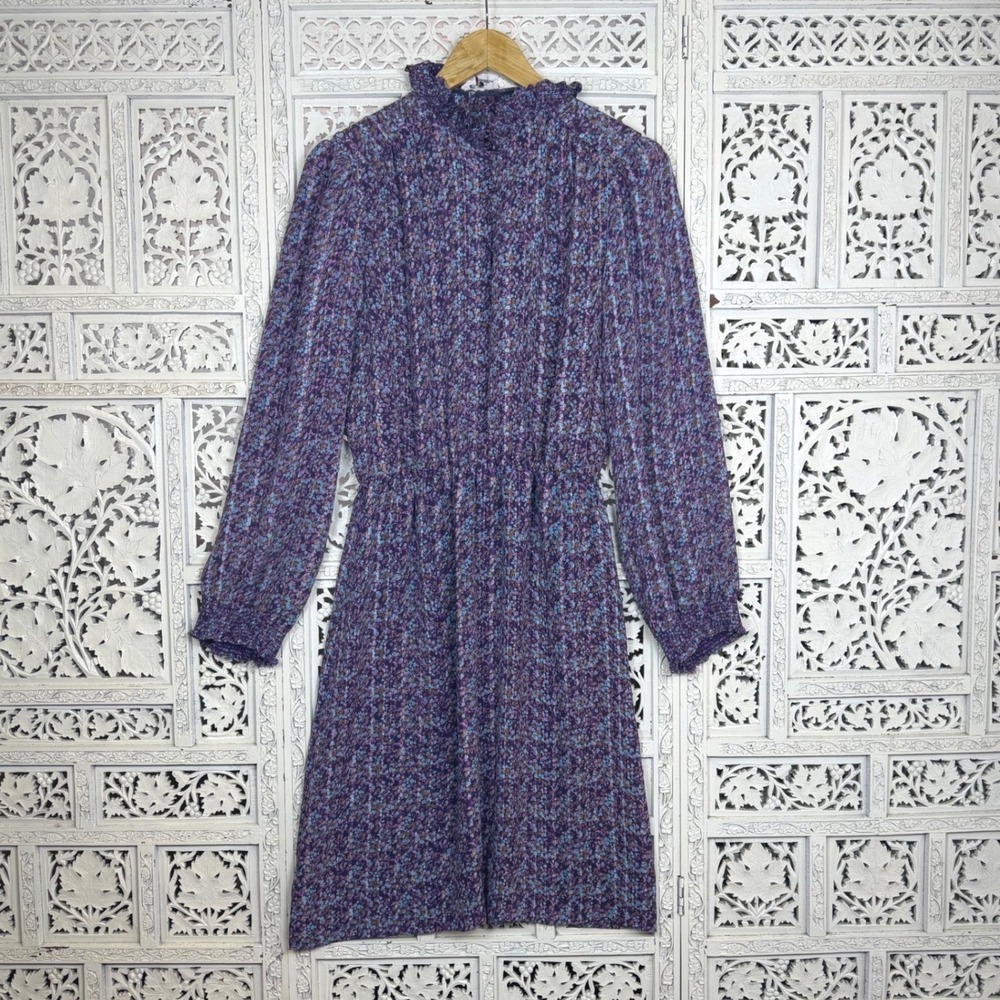 Vtg Sheer Purple Floral Long Sleeve Dress Sz M Cottage Prairie‎ Indie Peasant